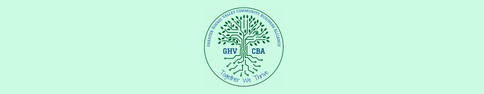 Banner with logo for Greater Hoosic Valley Community Business Alliance logo in the center in mint green.